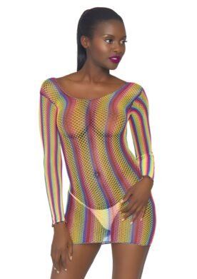 Rainbow Fishnet Long Sleeved Mini Dress